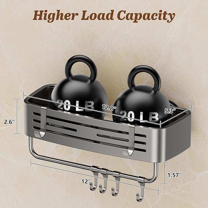 Shower Caddy Suction Cup, 2 Pack No Drilling Square Shower Shelves Aluminum Removable Bathroom Suction Showers Organizer Storage Rack with Towel Bar & Hooks(Gray)