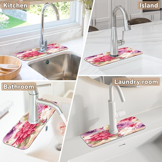 Floral Symphony In Cream Kitchen Faucet Mat Splash Guard, 15.4”x5.7” Absorbent Quick Drying Sink Mat for Countertop Protection, Draining Mat Sink Protectors For Kitchen Bathroom, 2 Pack