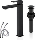 KENES Matte Black Bathroom Faucet Single Handle Tall Vessel Sink Faucet Vanity Bathroom Faucet Basin Mixer Tap with Water Supply Hose and Pop Up Sink Drain, LJ-9031A-2