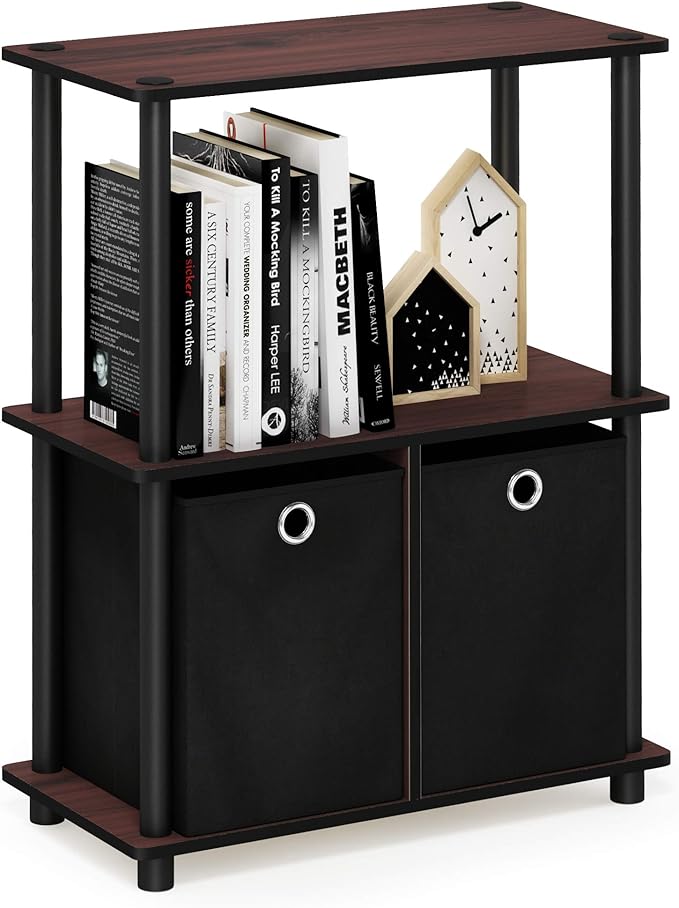 Furinno Go Green 3-Tier 2-Bins Multipurpose Storage Shelf, 2-Pack, Dark Cherry/Black
