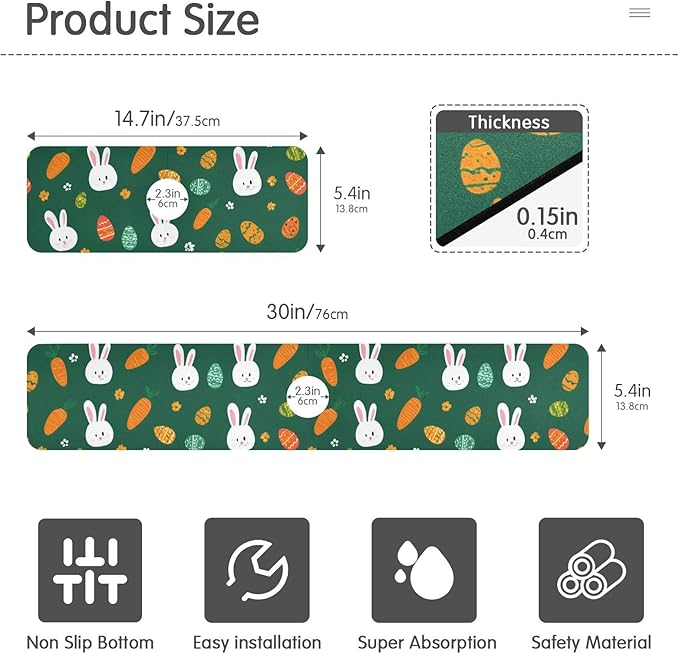 Kitchen Sink Splash Guard 2 PCS 30 Inch Sink Faucet Mat Splash Guard for Bathroom Countertop Water Absorbent Foldable Cuttable Soft Washable Deep Green Easter Rabbit Eggs Carrots