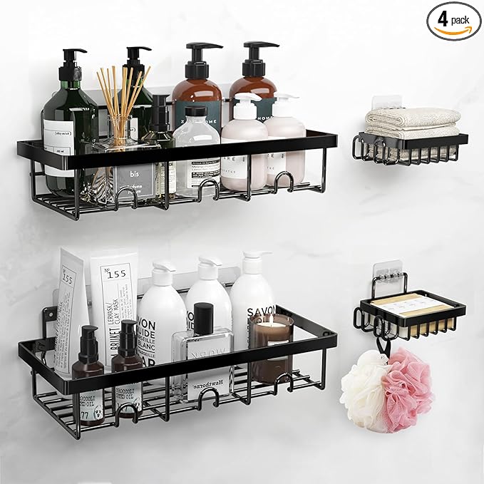 Adhesive Shower Caddy Shelves 4 Pack - No Drill Rust-Proof Bath Organizer for Small Bathrooms