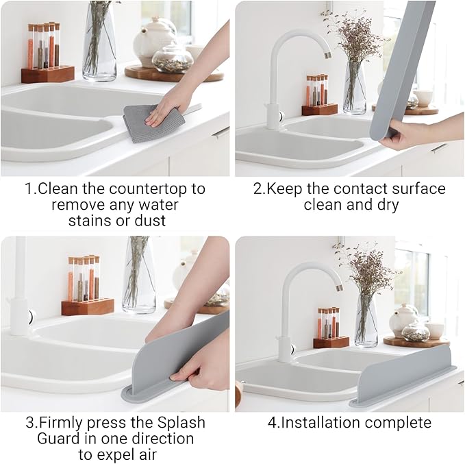 19.29 inch Kitchen Sink Splash Guard, Silicone Sink Baffle Splash Guard, Backsplash Protector for Kitchen Countertop & Bathroom Bathtub with Non-Slip Strong Suction, Gray, Pack of 2