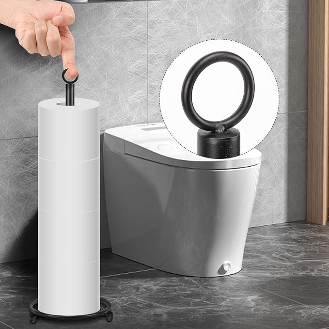 Bath Toilet Paper Holder, Metal Toilet Tissue Roll Organizer Storage, Tissue Paper Holder Stand for Bathroom/Kitchen Countertop (21” H, Matte Black)