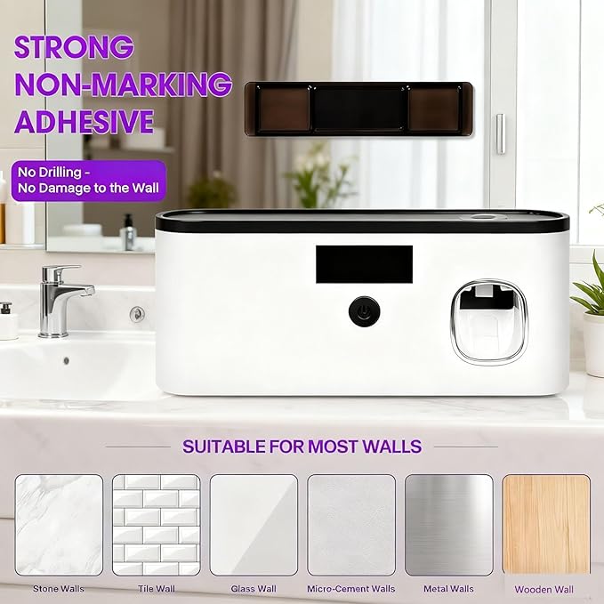 Toothbrush Sterilizer Holder Wall Mounted, USB Rechargeable Automatic Toothpaste Dispenser with 5 Brush Slots, Bathroom Organizer for Families (White)