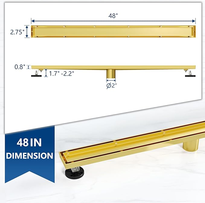Neodrain 48-Inch Linear Shower Drain with Tile Insert Grate, Golden 304 Stainless Steel Rectangle Shower Floor Drain, Linear Drain with Leveling Feet, Hair Strainer