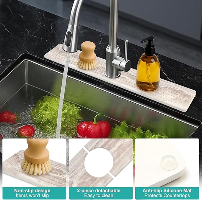 Large Stone Faucet Mat for Kitchen Sink Water Catcher Diatomite Quick Dry Stone Mat Kitchen Sink Splash Guard Protectors Water Absorbing Tray Absorbent Faucet Mats for Bathroom Counter Accessories