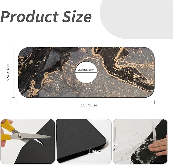 Kitchen Sink Splash Guard，Marble black gold Faucet Mat Sink Gadgets-Super Absorbent Fast Drying Mat Drip Catcher for Kitchen, Bathroom,Sink Mat, Dish Drying Mat, Bathroom(15" X 5.5" )