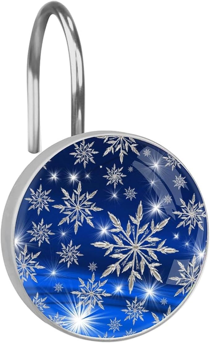 Christmas Snowflake Shower Curtain Hooks 12 Pcs, Rust Proof Glass Surface Stainless Steel Curtain Rings for Bathroom Bedroom Living Room Kitchen Home Shower Rods Decor