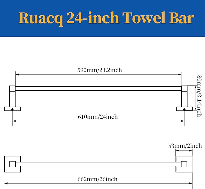RUACQ Gold Towel Bar 24 inch, 304 Stainless Steel Towel Racks for Bathroom Wall Mounted, Heavy Duty Bath Towel Rod with Square Base（Brushed Gold）