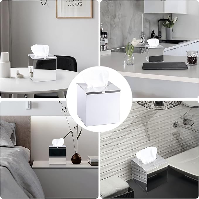 Sumnacon Square Stainless Steel Tissue Box Cover - Wall Mounted Stylish Paper Facial Cover, Modern Metal Tissue Box Holder for Bedroom/Bathroom/Vanity/Countertop/Dresser/Night Stand/Office/Car, Polish
