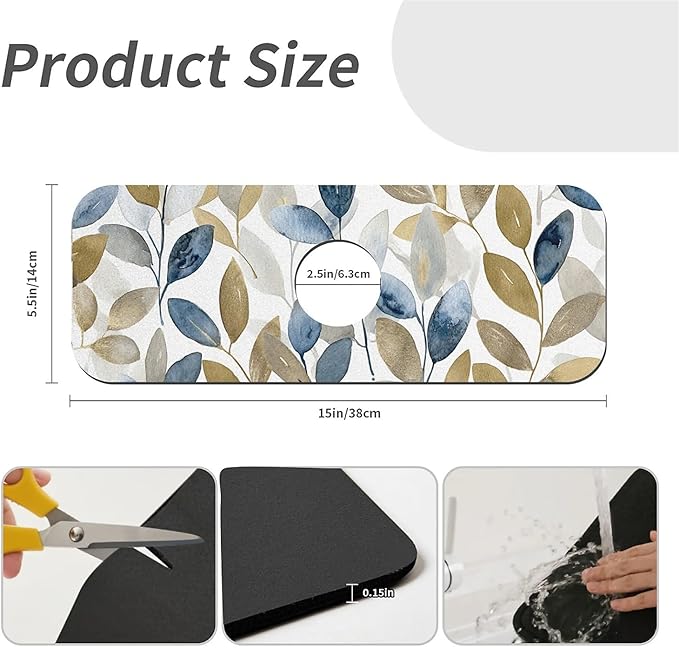 Kitchen Sink Splash Guard，olive leaves Faucet Mat Sink Gadgets-Super Absorbent Fast Drying Mat Drip Catcher for Kitchen, Bathroom,Sink Mat, Dish Drying Mat, Bathroom(15" X 5.5" )