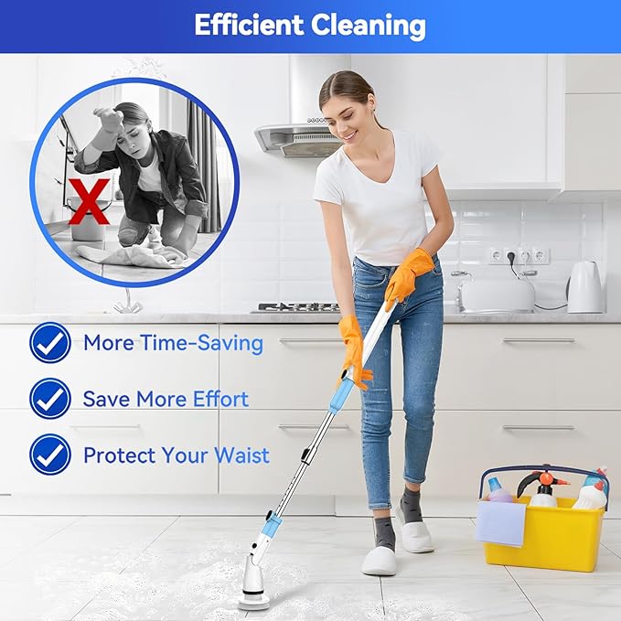 Electric Spin Scrubber,Cordless Spin Cleaning Scrubber with 5 Replaceable Brush Heads,Power Full Cleaning Brush Scrubber 450RPM,Adjustable Telescopic Handle&90min Runtime for Bathroom (Off White+Blue)