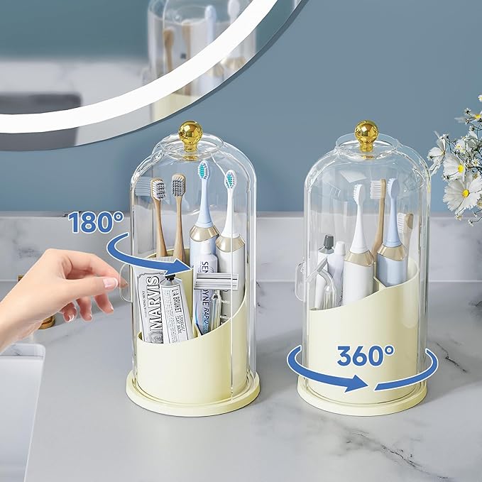 Delamu Toothbrush Holders with 360° Smooth Rotating Base, 3 Slots Bathroom Organizer Countertop with Sliding Lid, Brush Toothpaste Holder Makeup Brush Organizer for Vanity, Creamwhite