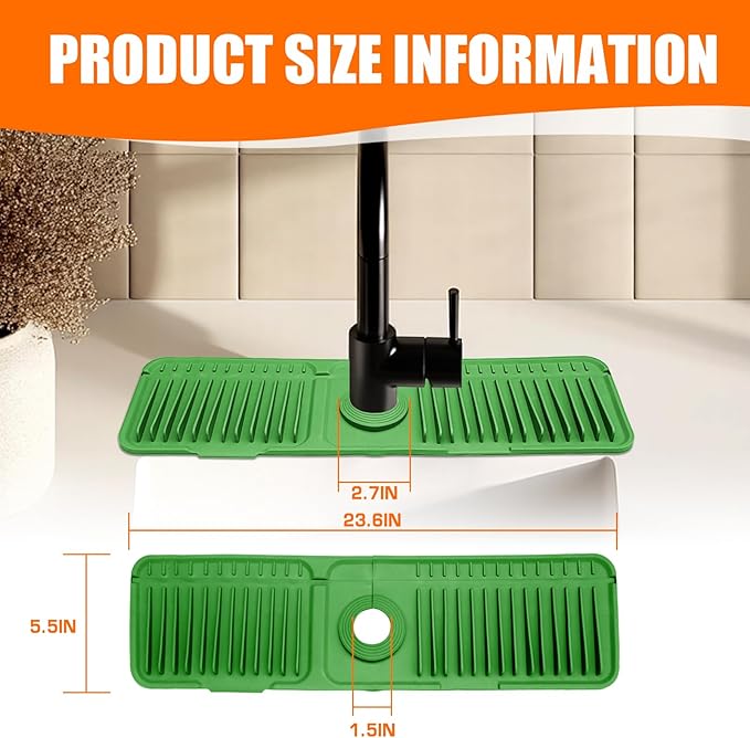 Green 24" Button Style Faucet Drip Catcher – Silicone Faucet Mat for Kitchen Sink, Leak-Proof Splash Guard with 6° Slope | Behind Faucet Draining Mat Easy Gadgets for Bathroom Kitchen Countertops