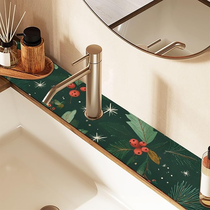 Christmas Green Berries Needles Kitchen Sink Splash Guard Faucet Mat Diatomite Absorbent Pad for Bathroom RV 14.7x5.4in 1PCS water