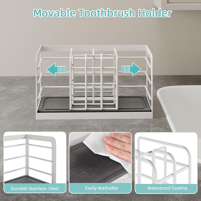 Toothbrush Holders, Bathroom Organizers and Storage with Instant Drying Stone, 6 Slots Bathroom Accessories with Adjustable Toothpaste Holders, Bathroom Counter Organizer, White