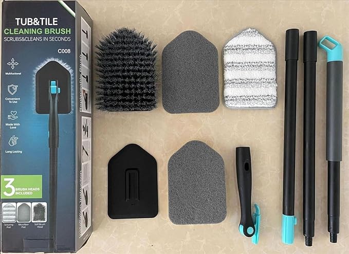 Shower Cleaning Brush with Long Handle, 3 in 1 Tub and Tile Scrubber Brush with 50.5'' Extendable Long Handle Detachable Stiff Bristles Scrub Brush for Cleaning Bathroom Kitchen Toilet Wall,Bathtub