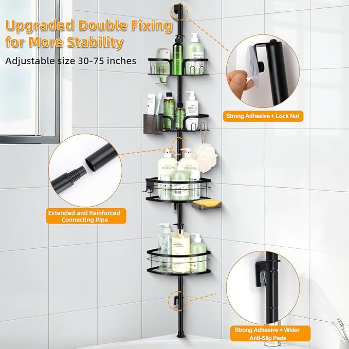 Shower Pole Caddy Corner, 4-Tier Adjustable Shower Shelves with Soap Holder & Hooks, Standing Shower Caddy Corner for Renters/Family, Self-Adhesive or Drill Mount 30-75 Inch, Black