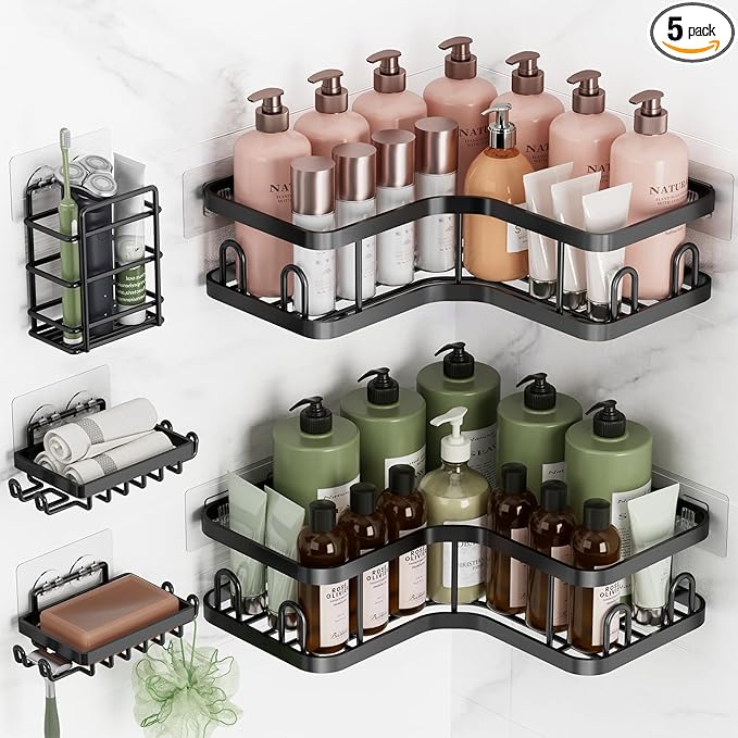 Veken Corner Shower Caddy 5-Pack, Advanced Rustproof Design, No Drilling Adhesive Shelves, Rack with Soap Holder, Large Capacity Bathroom Organizers and Storage, Wall-Mounted Kitchen & Home Decor