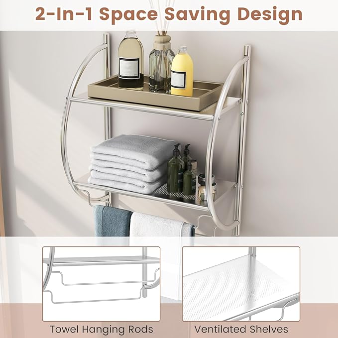 GOFLAME Wall Mounted Bathroom Shelf Set of 2, 2-Tier Chrome Towel Rack with Leaky Design Shelves, Towel Bars, Chrome Bathroom Shelf for Living Room Kitchen Bathroom, Silver