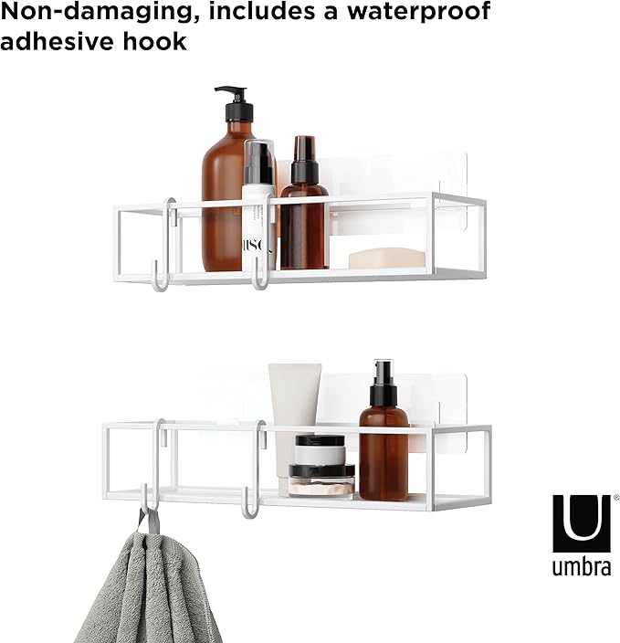 Umbra Cubiko Shower Shelf, Metal Floating Shelves with Adhesive Mounting Strips, 2-Pack, White