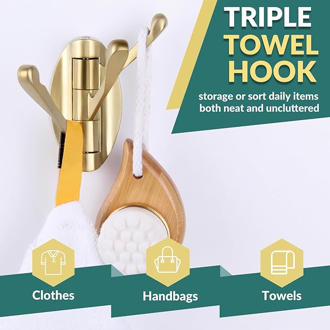 APLusee Swivel Robe Towel Hook 2 PCS Brushed Gold, Metal 3 Arms Folding Clothes Hook, Flexible Bathroom Home RV Storage Holder, Wall Mounted