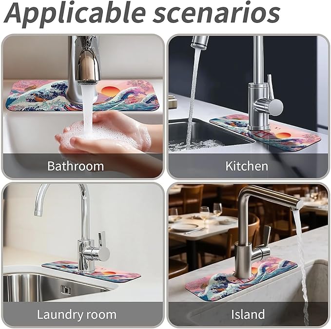Kitchen Sink Splash Guard，Waves and cherry blossoms Faucet Mat Sink Gadgets-Super Absorbent Fast Drying Mat Drip Catcher for Kitchen, Bathroom,Sink Mat, Dish Drying Mat, Bathroom(15" X 5.5" )