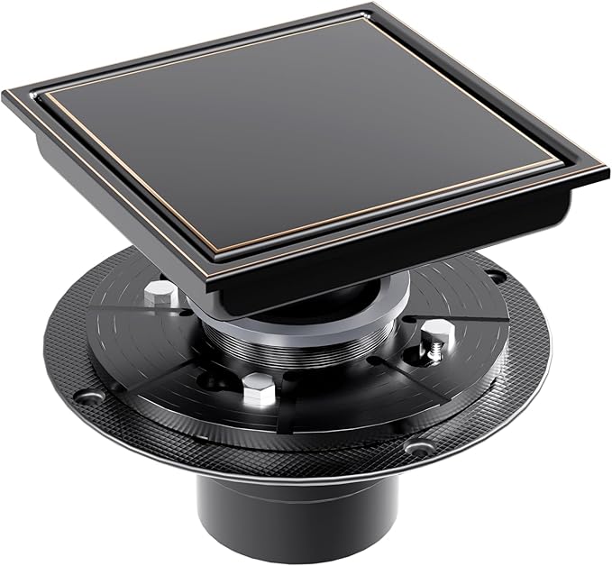 6 Inch Square Shower Drain with Flange Reversible 2-in-1 Cover Tile Insert Grate SUS 304 Stainless Steel, Hair Catcher, Anti-Clog, Rust-Resistant, Fast Drainage (Oil Rubbed Bronze)