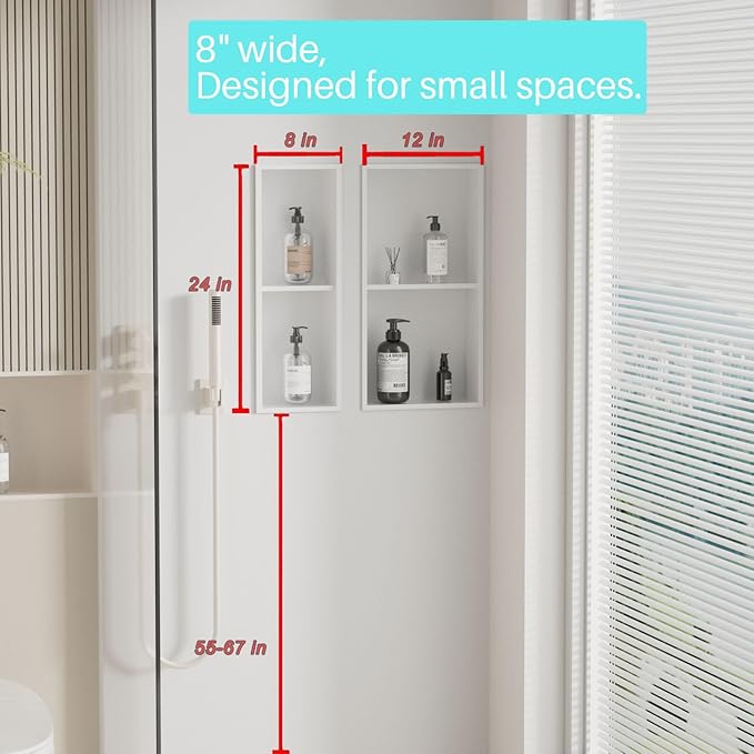 Narrow Shower Niche for Tiny Shower Room Storage, Insert Tile Ready, Double Shelves, Stainless Steel,(White, 24 * 8 in)