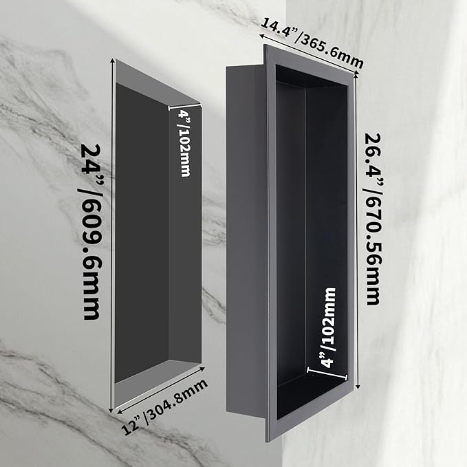 Shower Niche 12×24in Recessed Wall Niche Stainless Steel Shower Shelf No Tile Needed for Add Storage, Black