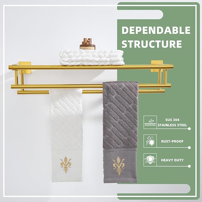 Bathroom Towel Shelf with Holder, Angle Simple SUS304 Stainless Steel Bath Towel Rack with Double Towel Bar, Wall Mount, Brushed Gold 23.62 Inches