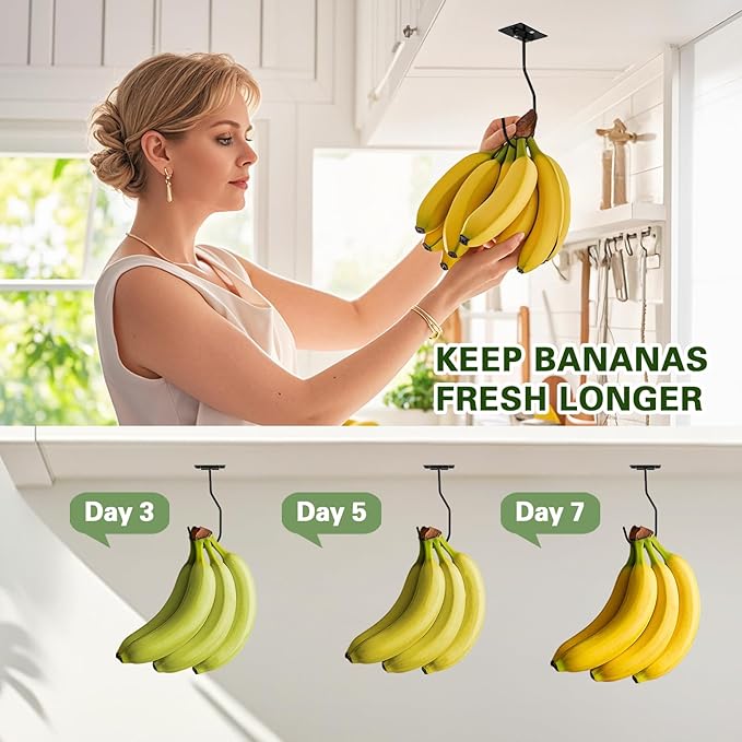 Banana Hanger Hook – Space Saving Banana Holder Hanger to Keep Bananas Fresh, Self Adhesive and Screw Banana Hook 3Pack Black