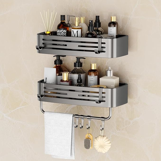 Shower Caddy Suction Cup, 2 Pack No Drilling Square Shower Shelves Aluminum Removable Bathroom Suction Showers Organizer Storage Rack with Towel Bar & Hooks(Gray)