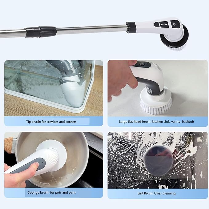 Electric Rotate Scrubber, Cordless Bathroom Scrubber Cleaning Brush with Multiple Heads Extension Pole Shower Cleaning Brush Adjustable & Detachable Handle for Bathroom Kitchen