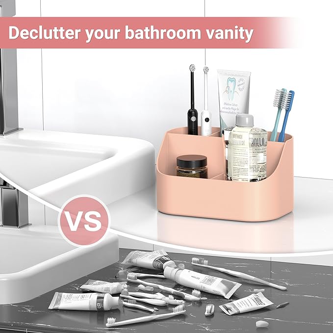 Toothbrush Holders for Bathrooms, Toothpaste and Electric Tooth Brush Holder Storage Caddy for Shower, 5 Slots Cute Bathroom Countertop Makeup Organizer for Vanity, Pink Bathroom Accessories Decor