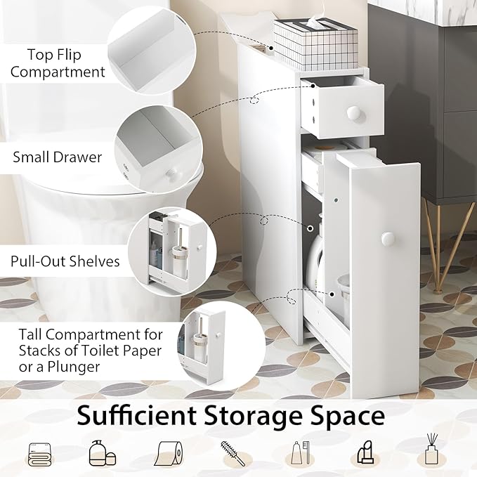 Tangkula Slim Storage Cabinet, Free Standing, with Slide Out Drawers, Narrow Floor Bathroom Organizer Next to Toilet, Toilet Paper Holder, 19 x 6.5 x 23 Inches (White)