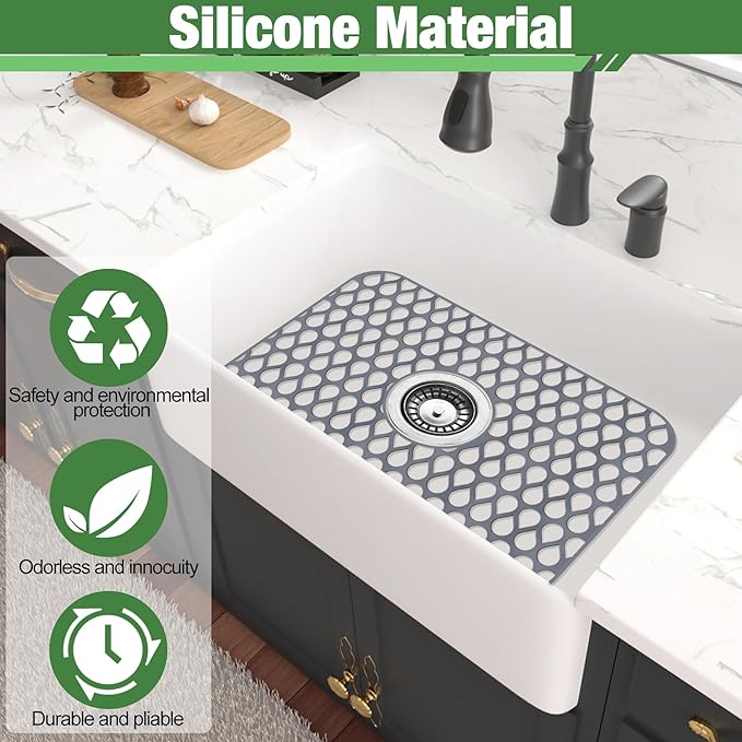 Sink Protectors Mat - 17.95"x12.4" Kitchen Sink Pad for Bottom of Basin for Protection of Stainless Steel and Tableware, Farmhouse Rubber Basin Mat Protector with Center Drain - Light Gray