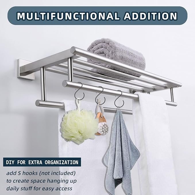Towel Rack for Bathroom Brushed Nickel, Angle Simple SUS304 Stainless Steel Bath Towel Holder with Shelf for Wall 23.62 Inches