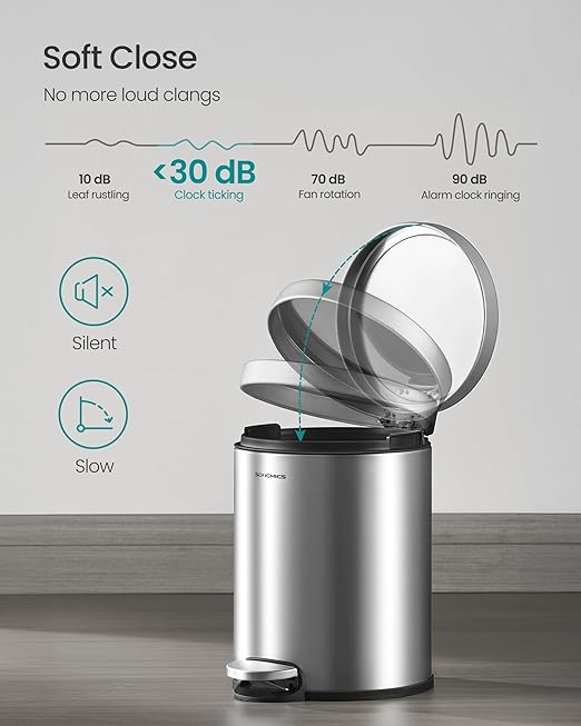 SONGMICS Bathroom Trash Can, 1.6 Gallon (6 L) Small Toilet Garbage Bin with Lid, Soft-Close, Stainless Steel, Pedal, Inner Bucket, Bedroom, Metallic Silver ULTB016EZ01