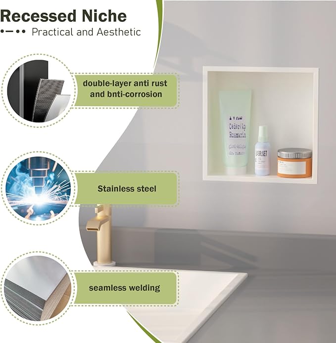 Stainless Steel Shower Niche 12"x12"，Shower Inserts Kit for Bathroom ， Recessed Shower Shelf Organizer for Storage Matte White （12"x12"）