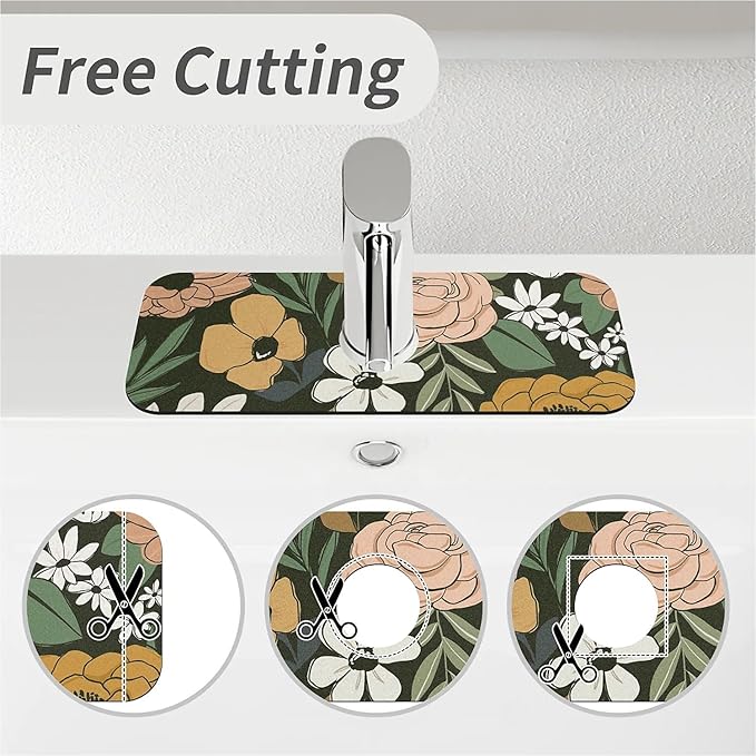 Kitchen Sink Splash Guard，Vintage Large Floral Faucet Mat Sink Gadgets-Super Absorbent Fast Drying Mat Drip Catcher for Kitchen, Bathroom,Sink Mat, Dish Drying Mat, Bathroom(15" X 5.5" )