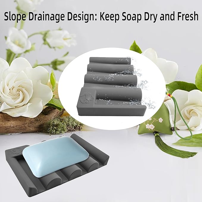 Silicone Soap Dish,Self Draining Soap Holder Perfect for Shower,Bathroom Sink,Kitchen Sink & Travel,Non-Slip Bar Soap Holder Extend Soap Life,Keep Soap Bars Dry Clean (Grey-2Pcs)