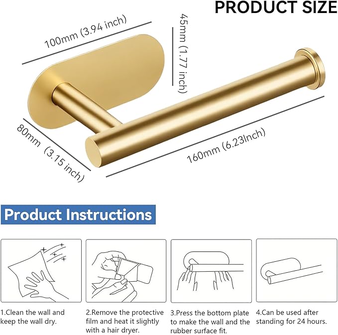 2 Packs Toilet Paper Holder No-Drill Self-Adhesive Towel Rack Stainless Steel Waterproof Rustproof Roll Paper Holder for Bathroom Washroom RVs (Gold)