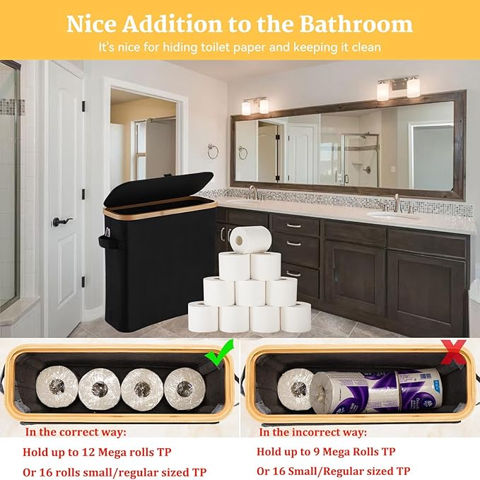Toilet Paper Storage Basket with Lid for Mega Rolls, Large Bamboo Toilet Paper Organizer Holder Stand for Bathroom, Enclosed Tissue Storage Bin Box Container Free Standing, Black