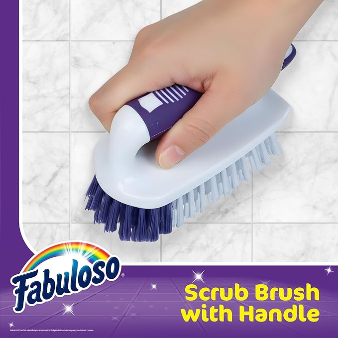 Fabuloso Cleaning Brush with Handle, Compact Handheld Household Scrub Brush for Kitchen, Bathroom, Baseboards, Tile and Floors, Firm Bristles for Indoor Surface Cleaning, White and Purple, 5.5 Inch