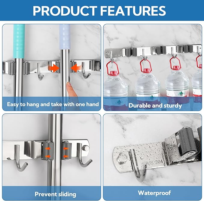 3 Pack Silver Mop and Broom Holder Wall Mount Self Adhesive 3 Racks with 4 Hooks Broom Organizer Wall Mount Stainless Steel Broom Hanger for Home Kitchen Garden Laundry Garage Organization Storage