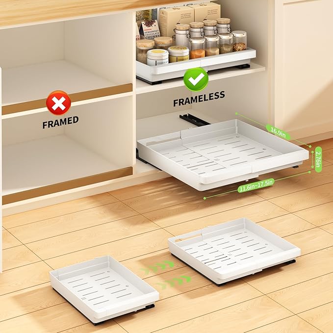2 Pack Pull Out Cabinet Organizers Expandable, Plastic Slide Out Drawers for Kitchen, Bathroom, Pantry, Under Sink Storage, Pull Out Drawers Fixed with Adhesive Nano Film (White, 11.6''-17.5'')