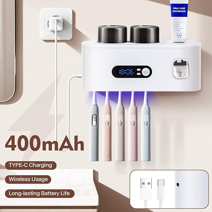 Upgrade Toothbrush Sterilizer,Toothbrush Holder for Bathroom,Tooth Brush Cleaning Tool with Toothpaste Dispenser Wall Mounted Type-C Charging with 2 Cups (White)