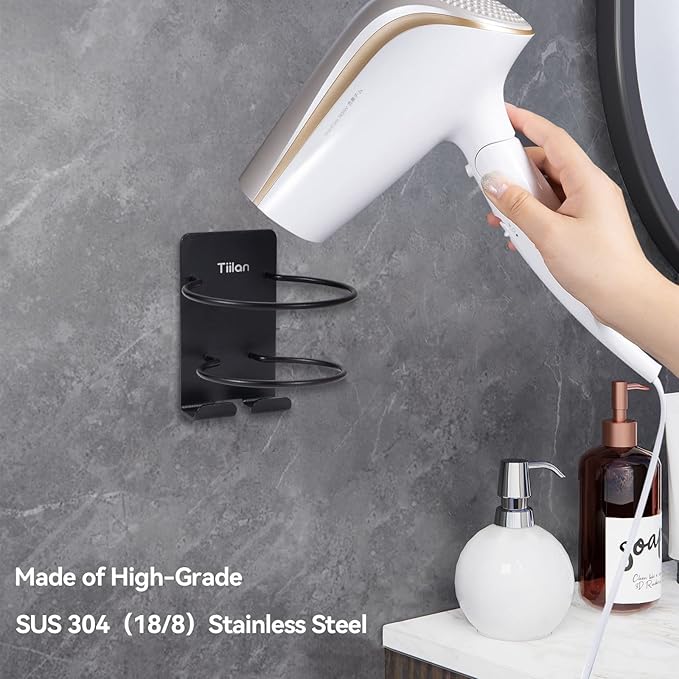 Hair Dryer Holder Wall Mount, Blow Dryer Holder Self Adhesive, SUS 304 Stainless Steel, Bathroom Hair Tool Organizer Rack, Black